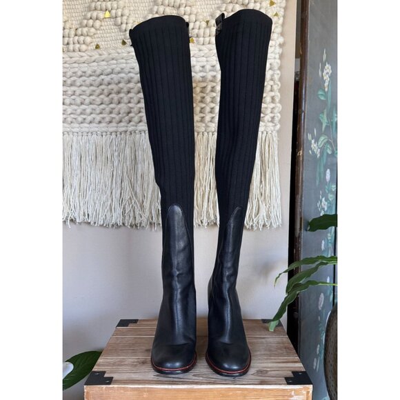 KELSI DAGGER BROOKLYN Black Leather Knit Over The Knee Curved Block Heel Boots - Picture 4 of 16